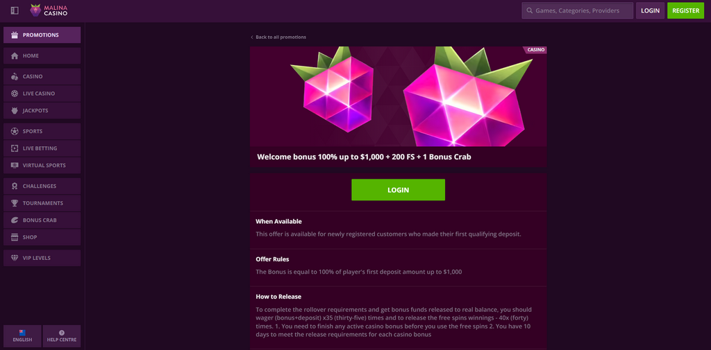 Malina Casinon sivuston arviointi (2026) - Ainutlaatuinen tervetuliaisbonus Malina Casinon sivuston arviointi (2026) - Ainutlaatuinen tervetuliaisbonus